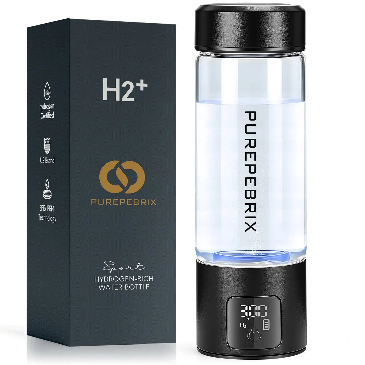 PUREPEBRIX L100 glass hydrogen water bottle 14oz borosilicate - front view