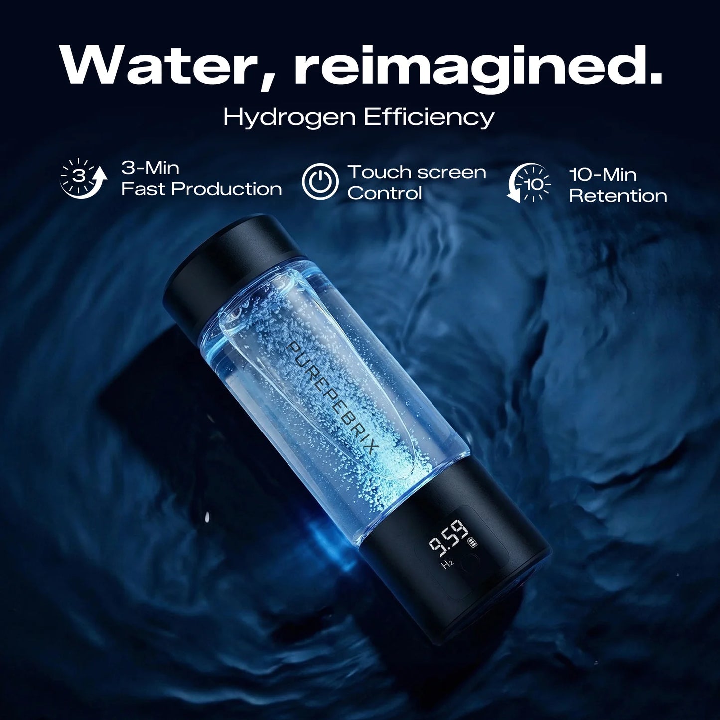 PUREPEBRIX L100 glass hydrogen water bottle generator - side angle