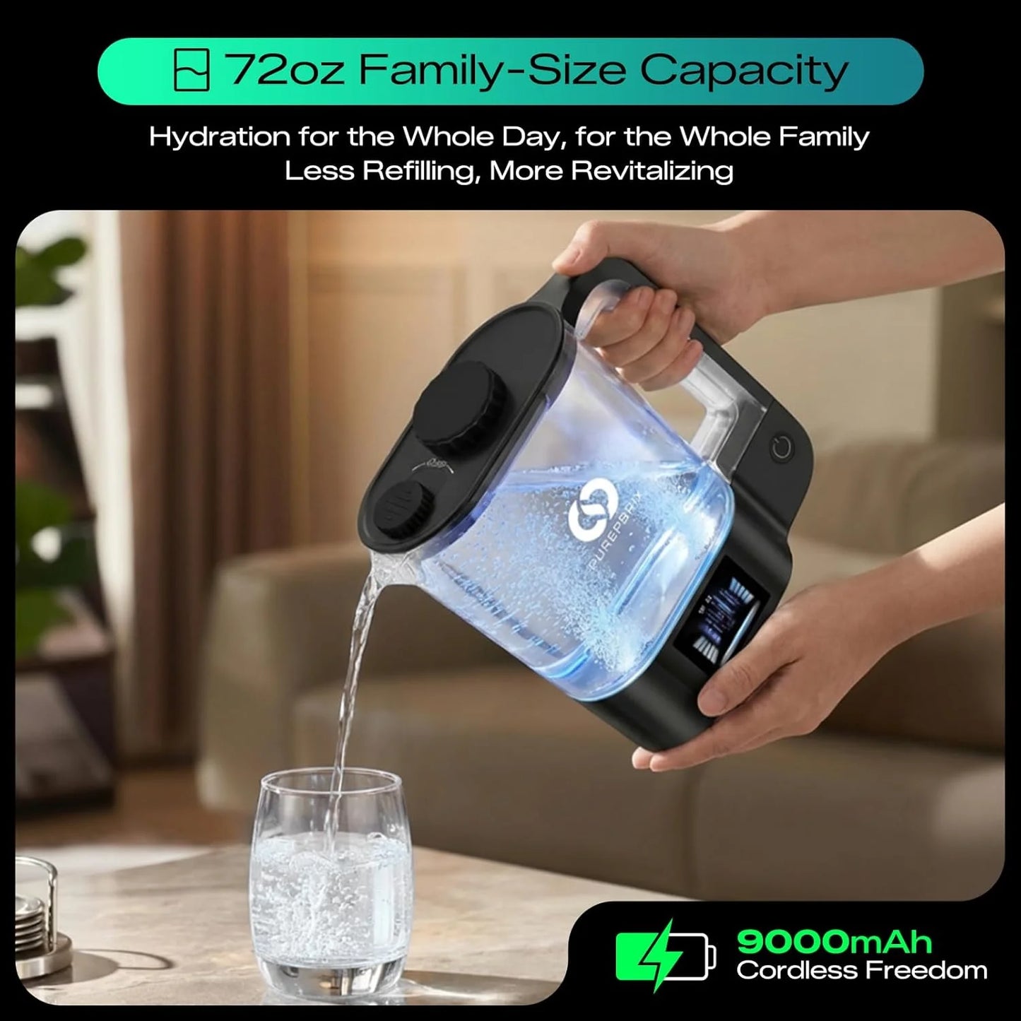 PUREPEBRIX S2 hydrogen water ionizer pitcher 72oz - features closeup