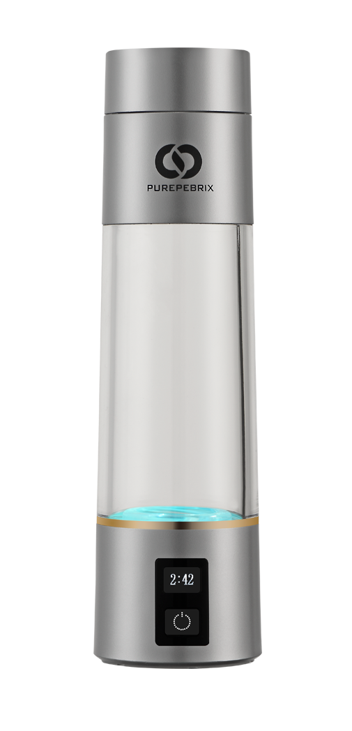 A sleek, transparent bottle with a black cap, featuring a silver glittery design and the word "ECHO" on the front, set against a dark background.