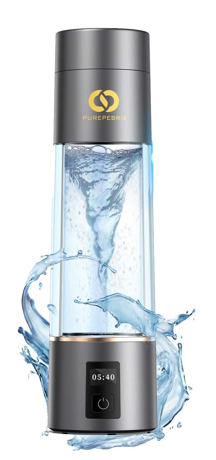 A sleek, transparent bottle with a black cap, featuring a silver glittery design and the word "ECHO" on the front, set against a dark background.